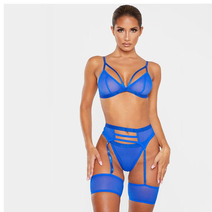 3-piece Sexy Lingerie Bra Set Hallow Out Transparent Bra Panty Garter Blue in M – adult toy for women and couples from Love2b