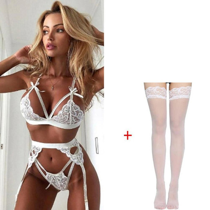 Perspective Sexy Lingerie Lace Bra Cross Belt Brief Set White