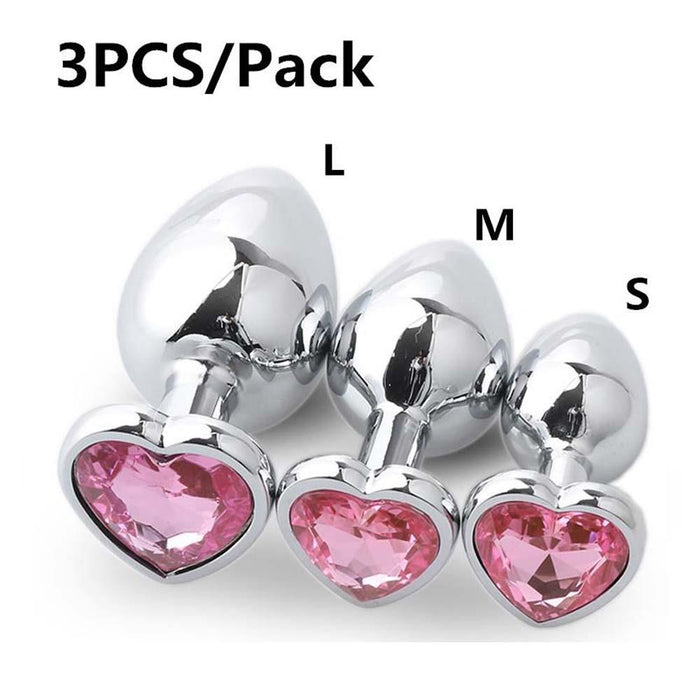 Stainless Steel Crystal Anal Plug Set Three Heart Sizes