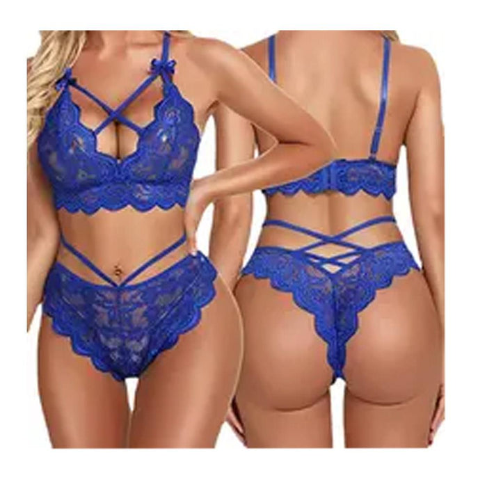 Perspective Sexy Lingerie Lace Bra Cross Belt Brief Set Blue