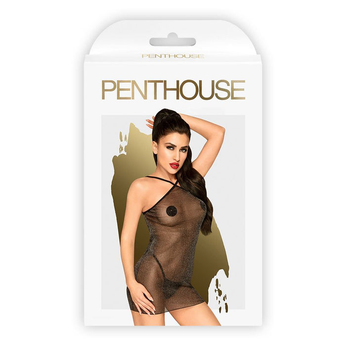 Penthouse Bombshell Sheer shimmer mini dress with criss cross back detail including thong 2 pieces black