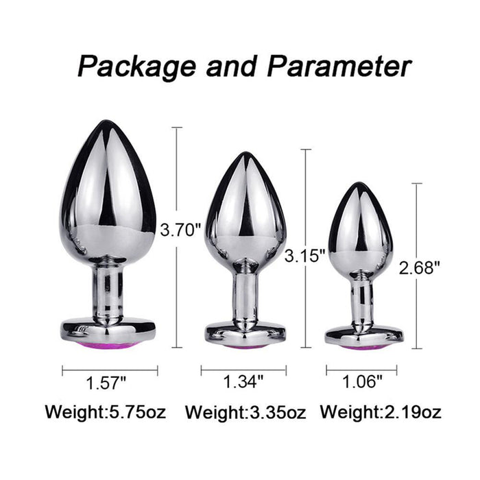 Stainless Steel Crystal Anal Plug Set Three Heart Sizes